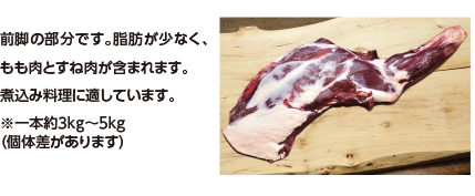 前脚の部分です。脂肪が少なく、もも肉とすね肉が含まれます。煮込み料理に適しています。※一本約3kg〜5kg（個体差があります）